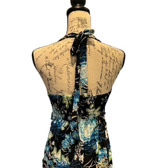 Tropical Tie Halter Mini Dress Blues Whites Backless Med / Lar NWT Stretch Beach - Picture 8 of 14
